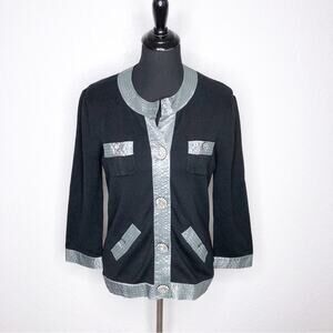 Michael Simon black gray rhinestone button silk blend cardigan size Small